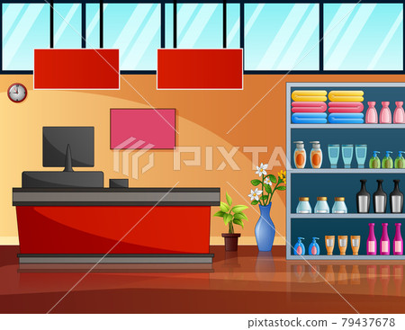 Supermarket store interior with goods and cashier Supermarket store interior with goods and cashier 79437678