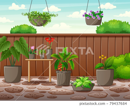 Illustration of the pot of plants inside the high fence Illustration of the pot of plants inside the high fence 79437684