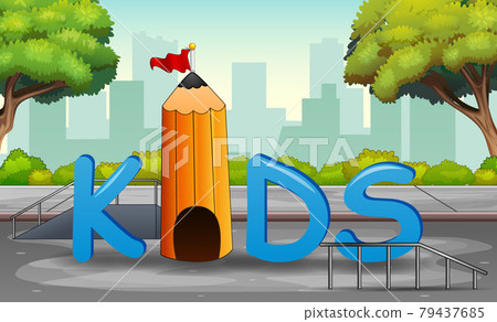 The Kids lettering in the city park background 79437685