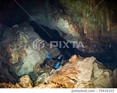 Scuba divers diving underwater cave (Playa del Carmen, Mexico) 79438103