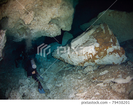 Scuba divers diving underwater cave (Playa del Carmen, Mexico) Scuba divers diving underwater cave (Playa del Carmen, Mexico) 79438201