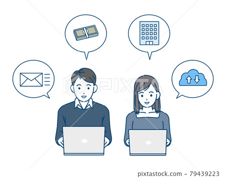 Freelance side business Young men and women using laptops Working from home Work illustration material 79439223