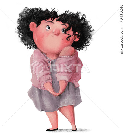 cute plump curly haired girl with grey dress and pink sweater cute plump curly haired girl with grey dress and pink sweater 79439246