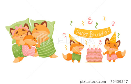 Happy Fox Family with Mother and Father Sleeping in Bed with Their Little Cub and Celebrating Birthday Vector Set Happy Fox Family with Mother and Father Sleeping in Bed with Their Little Cub and Celebrating Birthday Vector Set 79439247