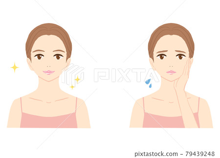 一個年輕女人的微笑和尷尬的面部表情的插圖 一個年輕女人的微笑和尷尬的面部表情的插圖 79439248