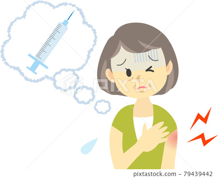 插圖素材:高齡女性注射新型冠狀病毒疫苗後出現的一系列不良反應,接種部位腫脹。 插圖素材:高齡女性注射新型冠狀病毒疫苗後出現的一系列不良反應,接種部位腫脹。 79439442