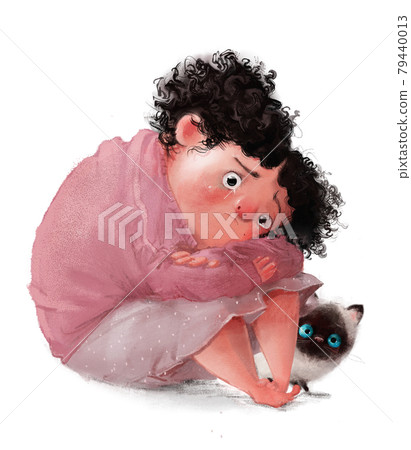 cute plump curly haired girl with cat cute plump curly haired girl with cat 79440013