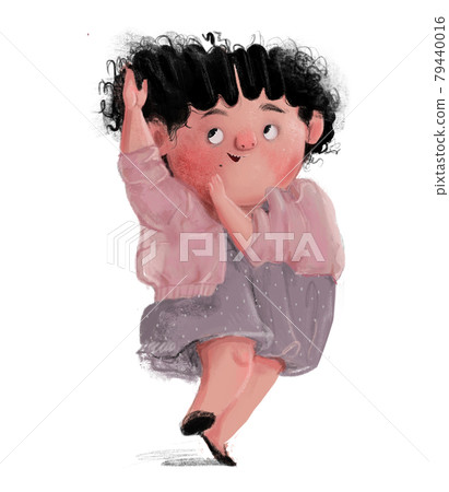 cute dansing curly haired girl with grey dress and pink sweater cute dansing curly haired girl with grey dress and pink sweater 79440016