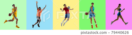 Collage of five professional sportsmen, fit people in action and motion isolated on multicolored background. Collage of five professional sportsmen, fit people in action and motion isolated on multicolored background. 79440626