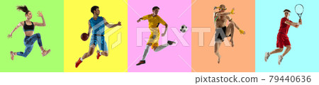 Collage of different professional sportsmen, fit people in action and motion isolated on multicolored background. Collage of different professional sportsmen, fit people in action and motion isolated on multicolored background. 79440636