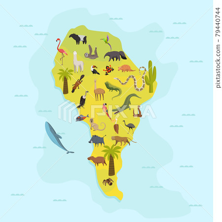 Animal map of south america. Nature fauna cartography concept . Geographical map with local fauna. Continent with mammals and sea life. Vector illustration in kids style 79440744