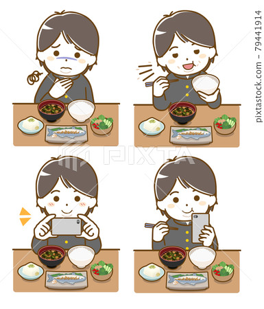 Fat male student eating 79441914