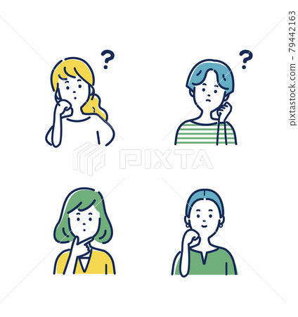 Illustration material set of facial expressions and gestures that young women think Illustration material set of facial expressions and gestures that young women think 79442163
