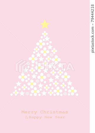 與星和花桃紅色背景卡片的聖誕樹 79444218