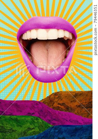 Contemporary art collage, modern design. Summer time mood. Composition with female opened mouth isolated over bright absract background. Contemporary art collage, modern design. Summer time mood. Composition with female opened mouth isolated over bright absract background. 79446351