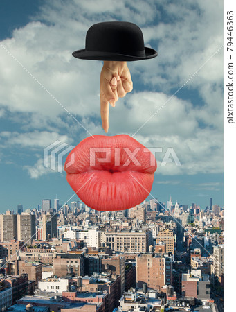 Modern design, contemporary art collage. Inspiration, idea, trendy magazine style. Female lips on pastel background Modern design, contemporary art collage. Inspiration, idea, trendy magazine style. Female lips on pastel background 79446363