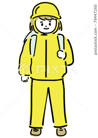 Evacuating child wearing a helmet Evacuating child wearing a helmet 79447260