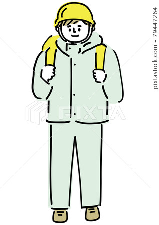 Evacuating man wearing a helmet Evacuating man wearing a helmet 79447264
