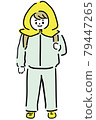Illustration of a child wearing a disaster prevention hood during a disaster drill 79447265