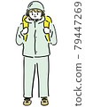 Evacuating woman wearing a helmet 79447269