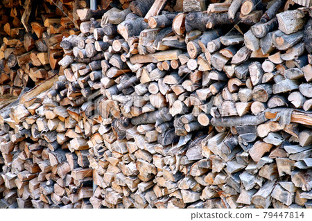 Firewood piled up in the garden 79447814