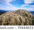 A large stone on the background of mountains with trees 79449653