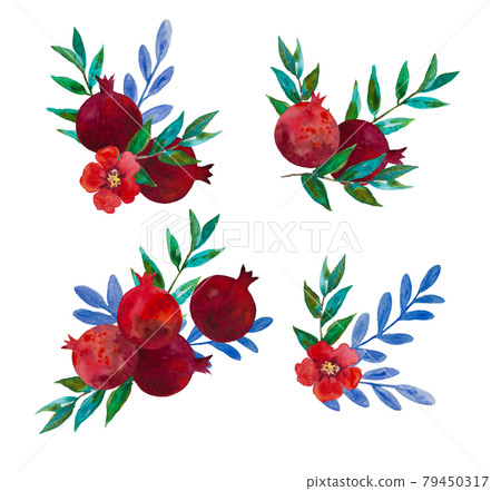 Original watercolor compositions of garnet flowers and pomegranate fruits for decor, wedding invitations, birthday cards 79450317