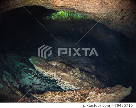 Looking up at the vertical hole leading to the outside from inside the underwater limestone cave (Cenote) (Playa del Carmen, Mexico) Looking up at the vertical hole leading to the outside from inside the underwater limestone cave (Cenote) (Playa del Carmen, Mexico) 79450710