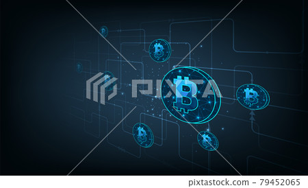 Symbol Bitcoins standing on circuit board. 79452065