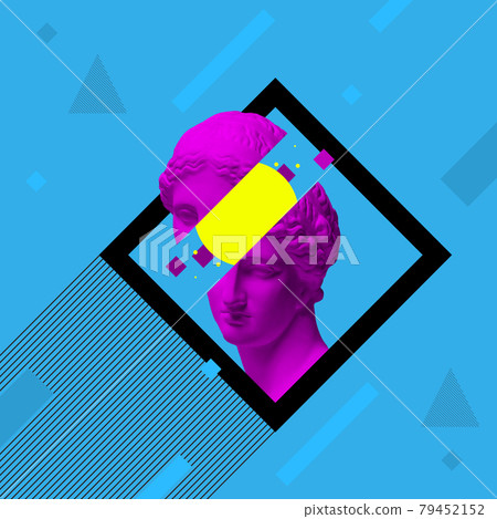 Contemporary art collage. Greek statue in black square frame over vivid blue background. Imagination and creativity concept Contemporary art collage. Greek statue in black square frame over vivid blue background. Imagination and creativity concept 79452152