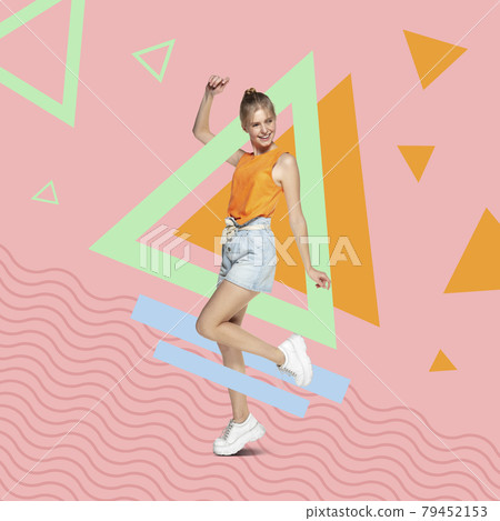 Creative image, art collage. Portrait of young caucasian girl posing among multicolored geometric shapes, triangles and stripes. 79452153