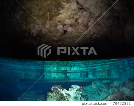 Overlooking the water from a cavity in the Underwater Cave (Cenote) (Playa del Carmen, Mexico) Overlooking the water from a cavity in the Underwater Cave (Cenote) (Playa del Carmen, Mexico) 79452831