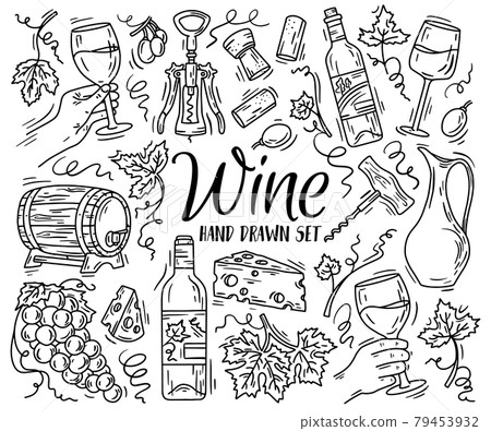 Vector linear set with wine and cheese in Doodle sketch style Vector linear set with wine and cheese in Doodle sketch style 79453932