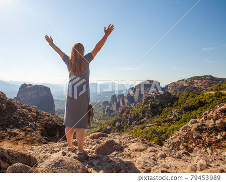 Woman enjoying nature on the mountains. Travel in Greece 79453989