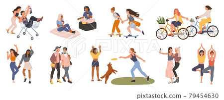 Female friends. Young women friend spending time together, dancing, taking selfie, doing yoga, shopping. Happy girls having great time vector set Female friends. Young women friend spending time together, dancing, taking selfie, doing yoga, shopping. Happy girls having great time vector set 79454630