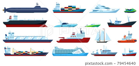 Flat sea boats. Cruise, cargo ship, yacht, sailboat, tugboat, motorboat, submarine, fishing boat. Ocean travel transportation vector set Flat sea boats. Cruise, cargo ship, yacht, sailboat, tugboat, motorboat, submarine, fishing boat. Ocean travel transportation vector set 79454640