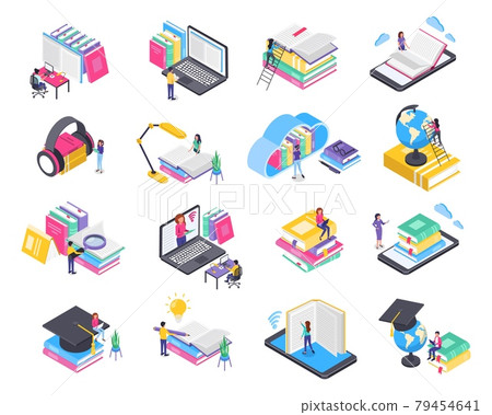 Isometric online education. People studying via laptop or phone. Online training, digital learning, virtual library concept vector set 79454641