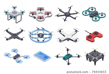 Isometric drone. Unmanned aircraft with propellers, aerial remote transporters. Flying delivery drones with camera, controllers vector set 79454655