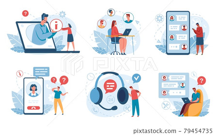 Online support. Customer service operators helping clients. Hotline, call center, technical support, virtual assistant concept vector set 79454735