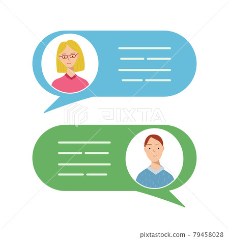 Avatars of men and women in speech bubbles. Concept of chat, message, web communicate, messenger. Vector illustration of an online conversation. Avatars of men and women in speech bubbles. Concept of chat, message, web communicate, messenger. Vector illustration of an online conversation. 79458028