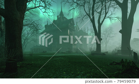 Old haunted abandoned mansion in creepy night forest with cold fog atmosphere, 3d rendering 79459079