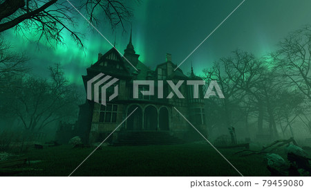 Old haunted abandoned mansion in creepy night forest with cold fog atmosphere, 3d rendering 79459080