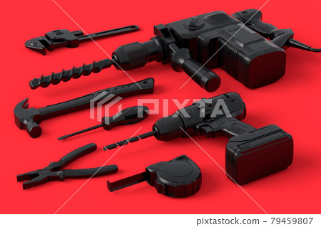 Isometric view of monochrome construction tools for repair on red and black 79459807