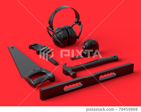 Isometric view of monochrome construction tools for repair on red and black Isometric view of monochrome construction tools for repair on red and black 79459808