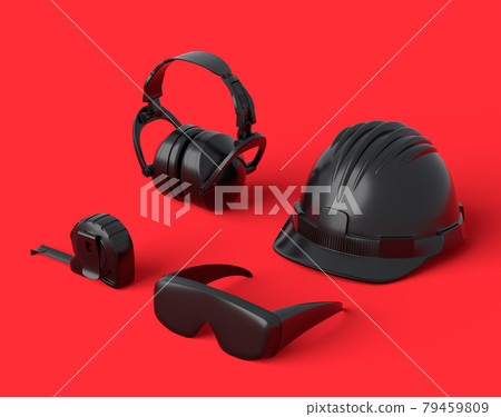 Isometric view of monochrome construction tools for repair on red and black Isometric view of monochrome construction tools for repair on red and black 79459809