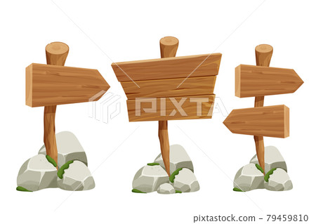 Set wooden pointer, signboards with rock pile and moss in cartoon style isolated on white background. Ui assets, design elements. Textured old tree branch with plank. 79459810