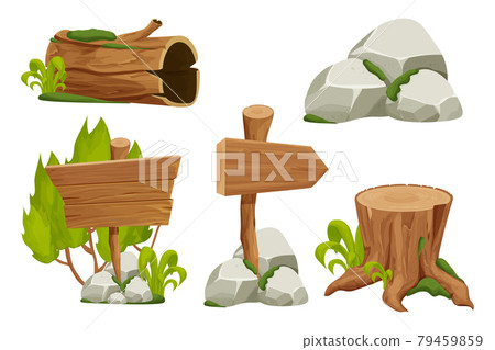Forest nature elements landscape set with signboard, tree stump, old trunk, stone pile and moss in cartoon style isolated on white background. Ui assets, game interface vector Illustrations Forest nature elements landscape set with signboard, tree stump, old trunk, stone pile and moss in cartoon style isolated on white background. Ui assets, game interface vector Illustrations 79459859