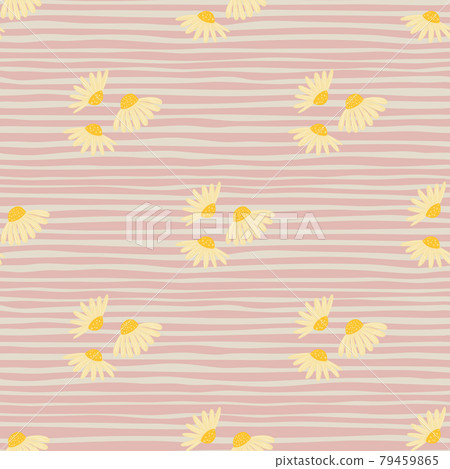 Summer botanic seamless pattern with simple yellow chamomile flowers shapes. Pink striped background. 79459865