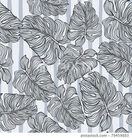 Monochrome monstera leaves silhouette seamless pattern on stripes background. Tropic foliage backdrop. Monochrome monstera leaves silhouette seamless pattern on stripes background. Tropic foliage backdrop. 79459883