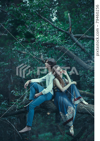 Young couple of elves in love outdoor Young couple of elves in love outdoor 79460256